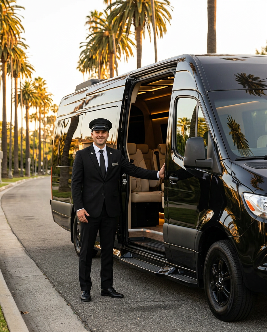 Chauffeur holding the door of the black Sprinter limo