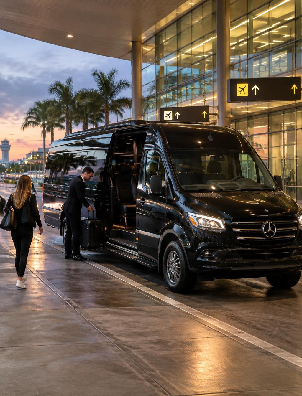 Black Sprinter limo at the airport departures curb while the chauffeur loads luggage