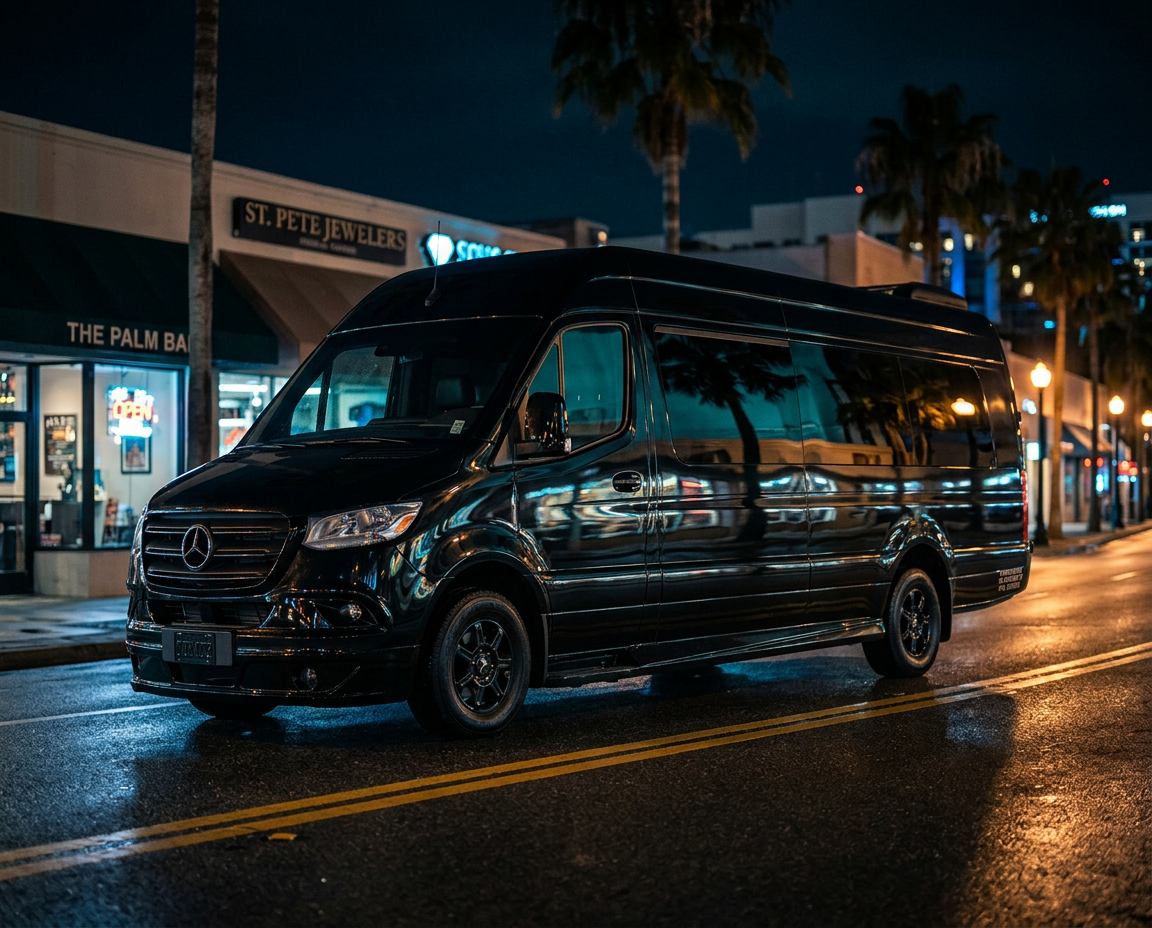 Black Mercedes Sprinter limousine on a downtown St. Petersburg street at night