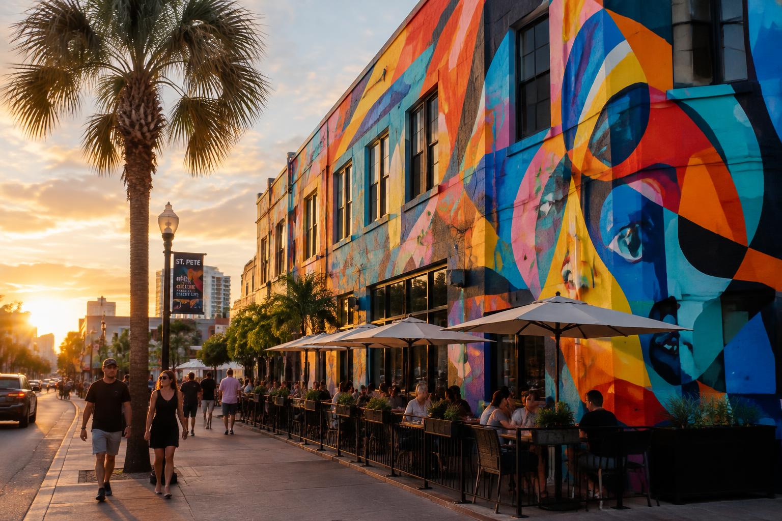 Abstract mural over sidewalk cafés on Central Avenue at golden hour