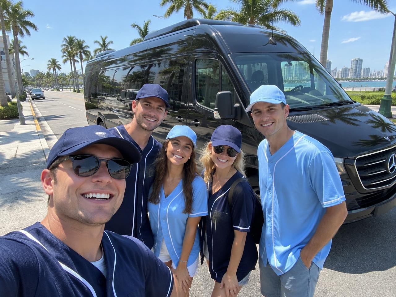 Friends in baseball caps with the black Sprinter limo