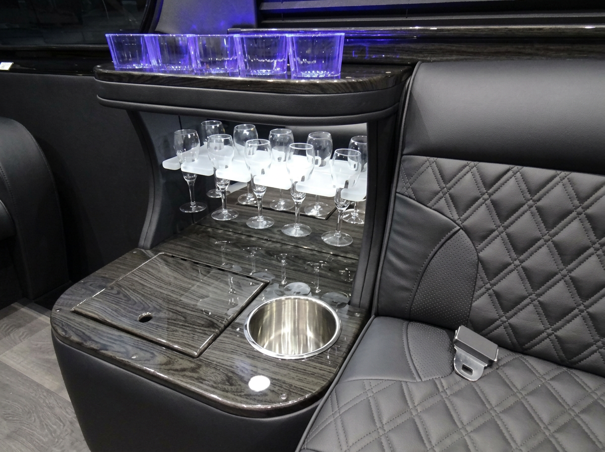 The Sprinter's lit bar with champagne flutes, glassware and an ice well